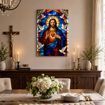 Sacred Heart of Jesus Stained Glass Canvas Print, Catholic Christian Home Decor