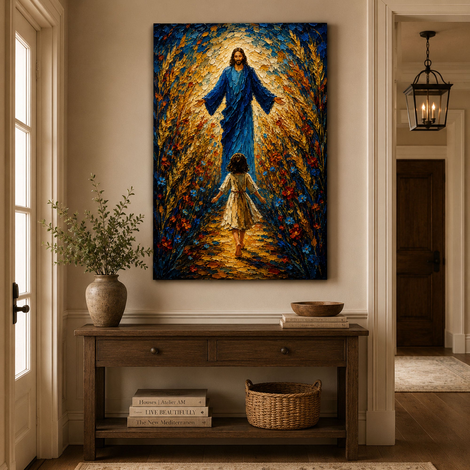 Jesus Welcomes a Little Girl Canvas Print, Christian Child Faith Wall Art, Walk With Jesus Painting, Inspirational Religious Home Decor