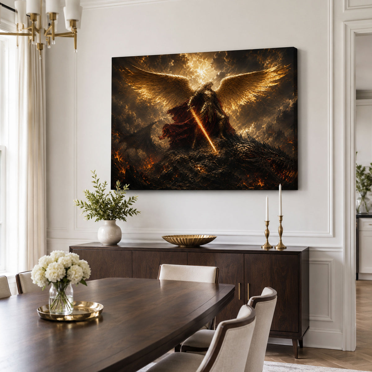 Saint Michael Defeating the Dragon Canvas Print, Revelation 12 Christian Wall Decor, Protection Gift