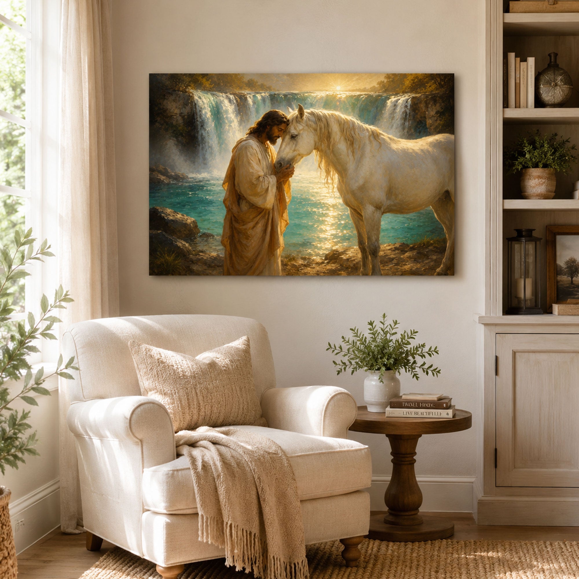 Jesus with White Horse by Waterfall Canvas Print, Christian Home Decor