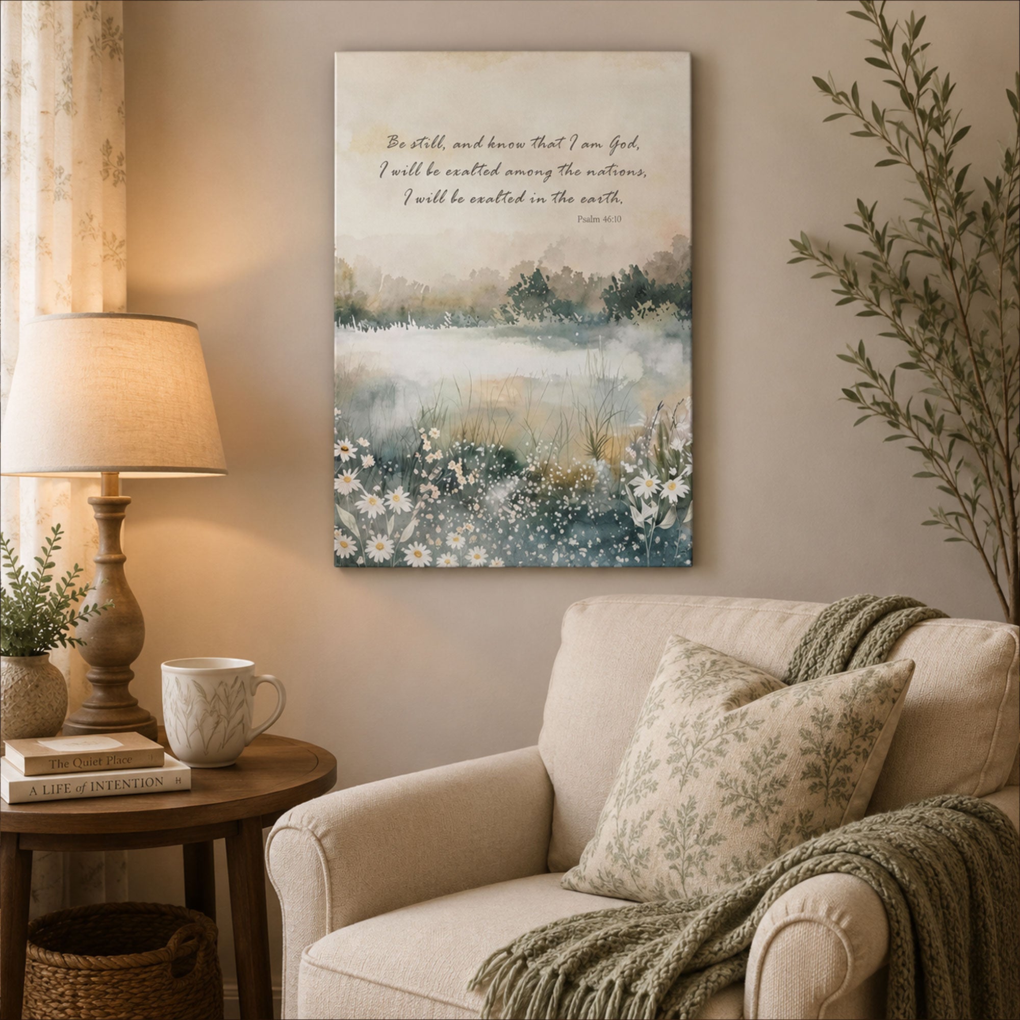 Be Still and Know That I Am God Canvas Print, Psalm 46:10 Scripture Wall Art, Neutral Christian Landscape Painting, Peaceful Faith Home Decor