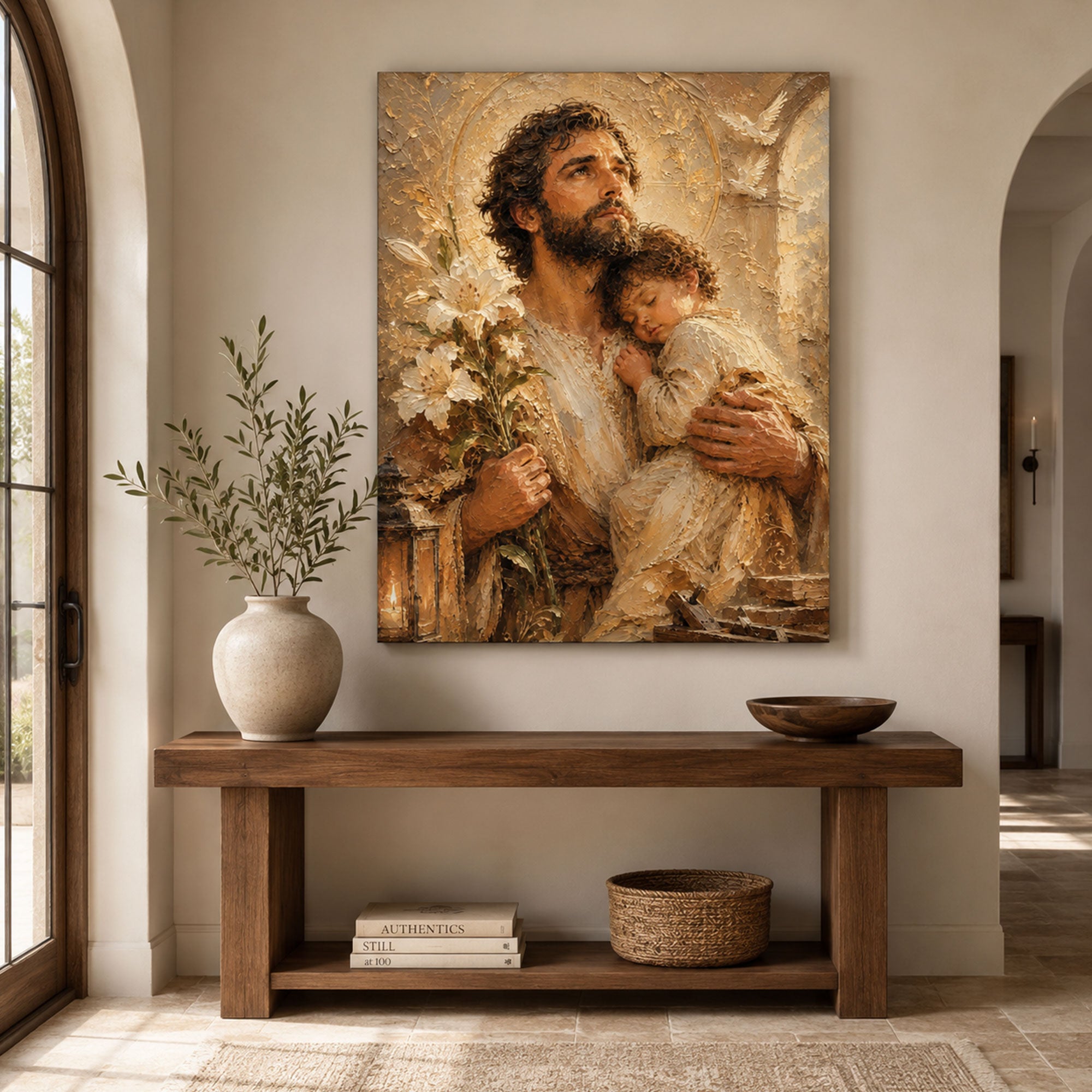 Saint Joseph and Child Jesus Canvas Print, Catholic Wall Art, Christian Home Decor