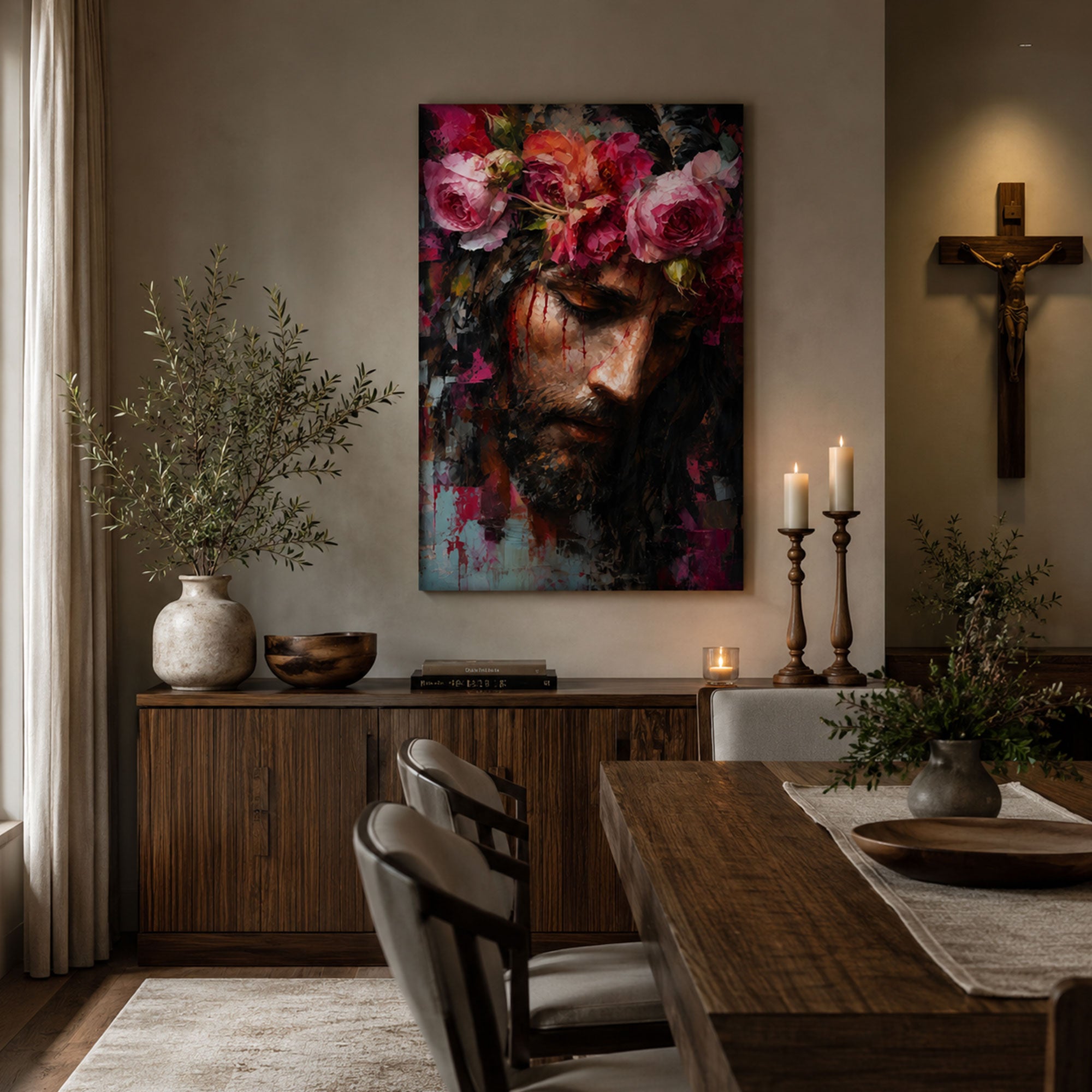 Jesus with Floral Crown Canvas Print, Sacred Heart Christian Wall Art