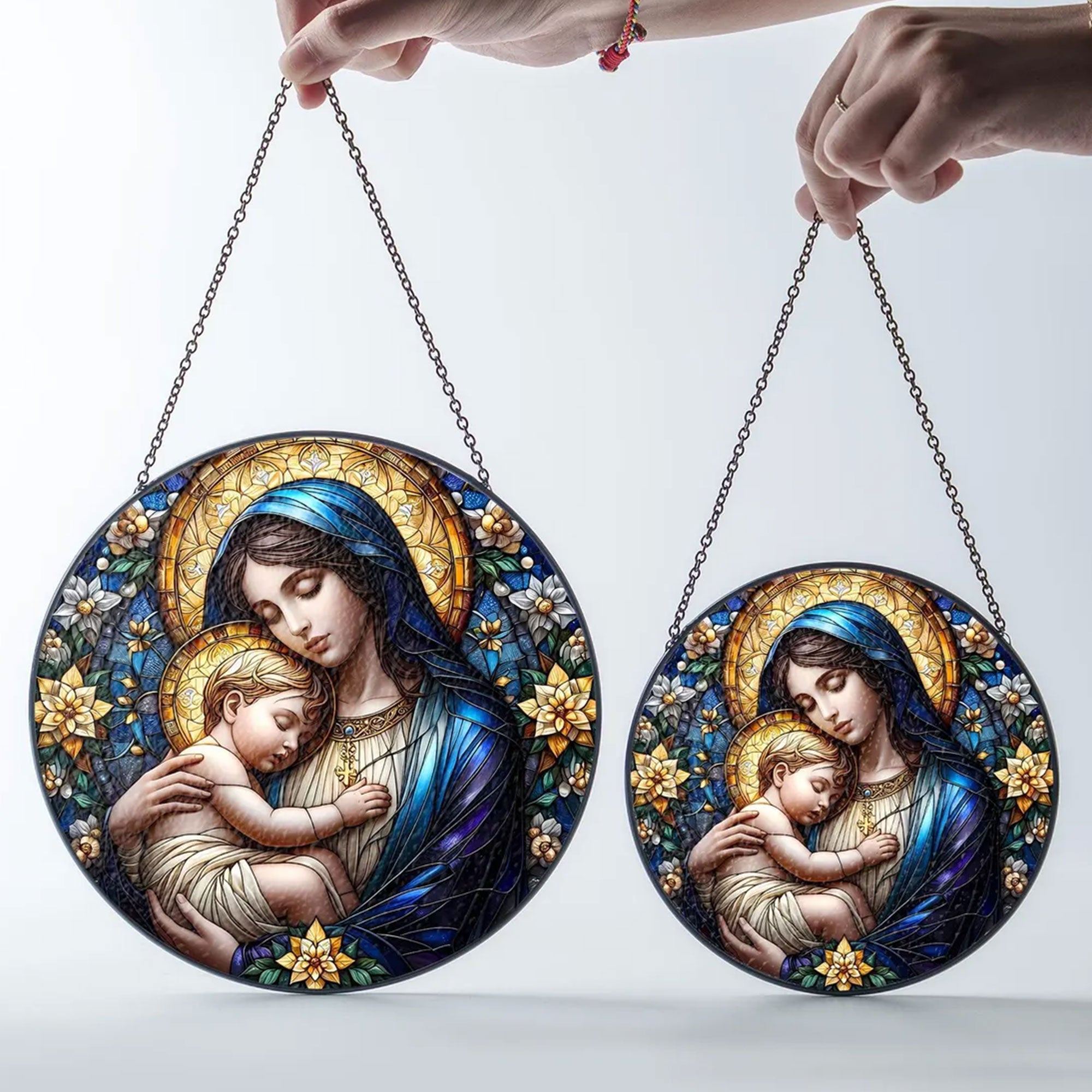 Virgin Mary and Baby Jesus Suncatcher, Blessed Mother Catholic Window Hanging, Christian Gift for Mom