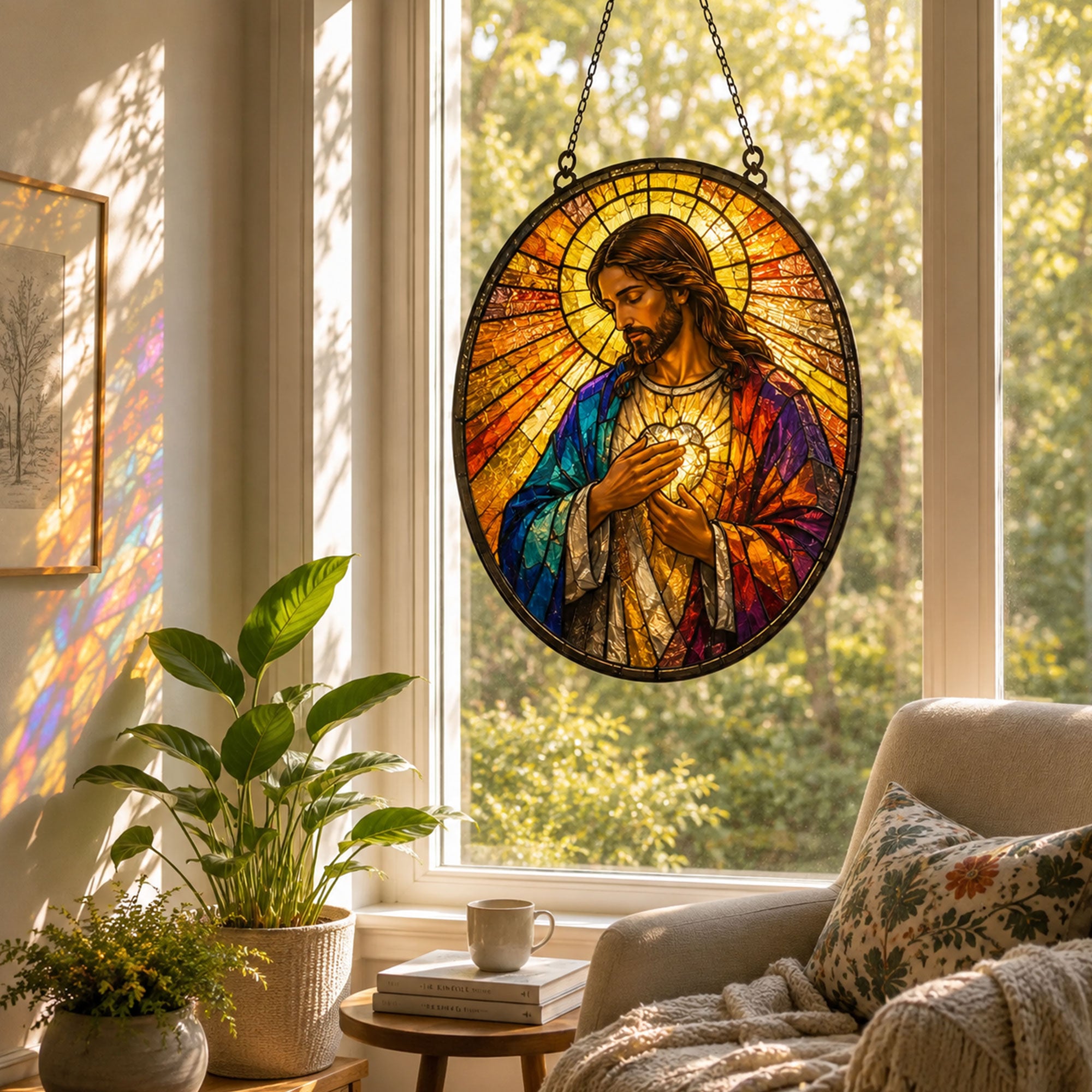 Jesus Holding the Holy Eucharist Suncatcher, Catholic Window Hanging, Blessed Sacrament Gift