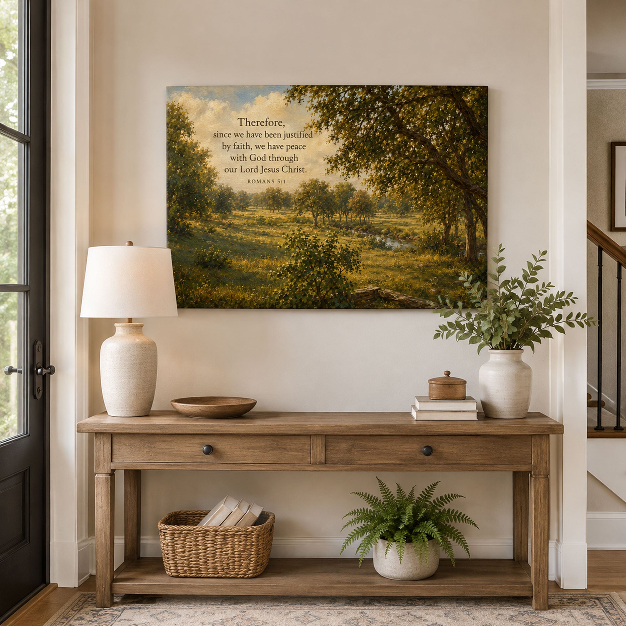 Romans 5:1 Justified by Faith Canvas Print, Christian Home Decor
