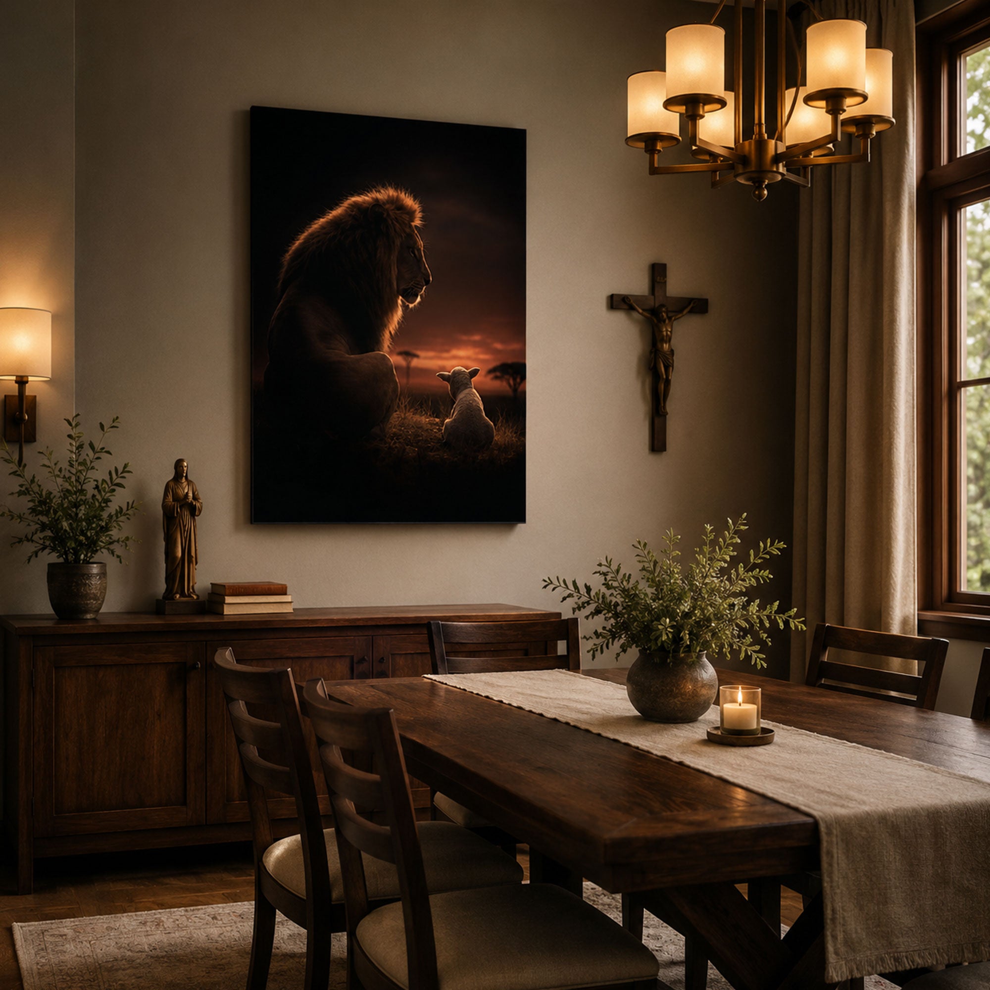 Lion and Lamb at Sunset Canvas Print, Christian Peace and Faith Home Decor