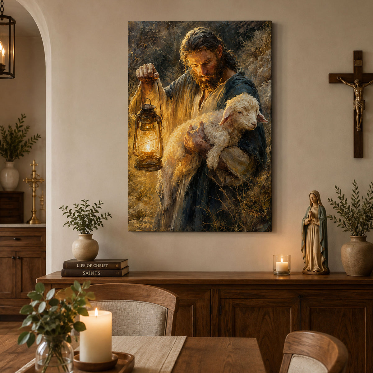 Jesus Searching for the Lost Lamb with Lantern Canvas Print, Christian Home Decor