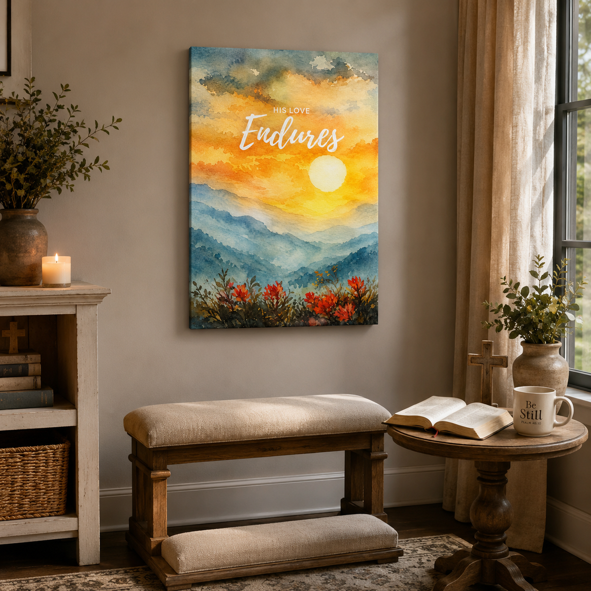 His Love Endures Scripture Canvas Print - Inspirational Nature Art