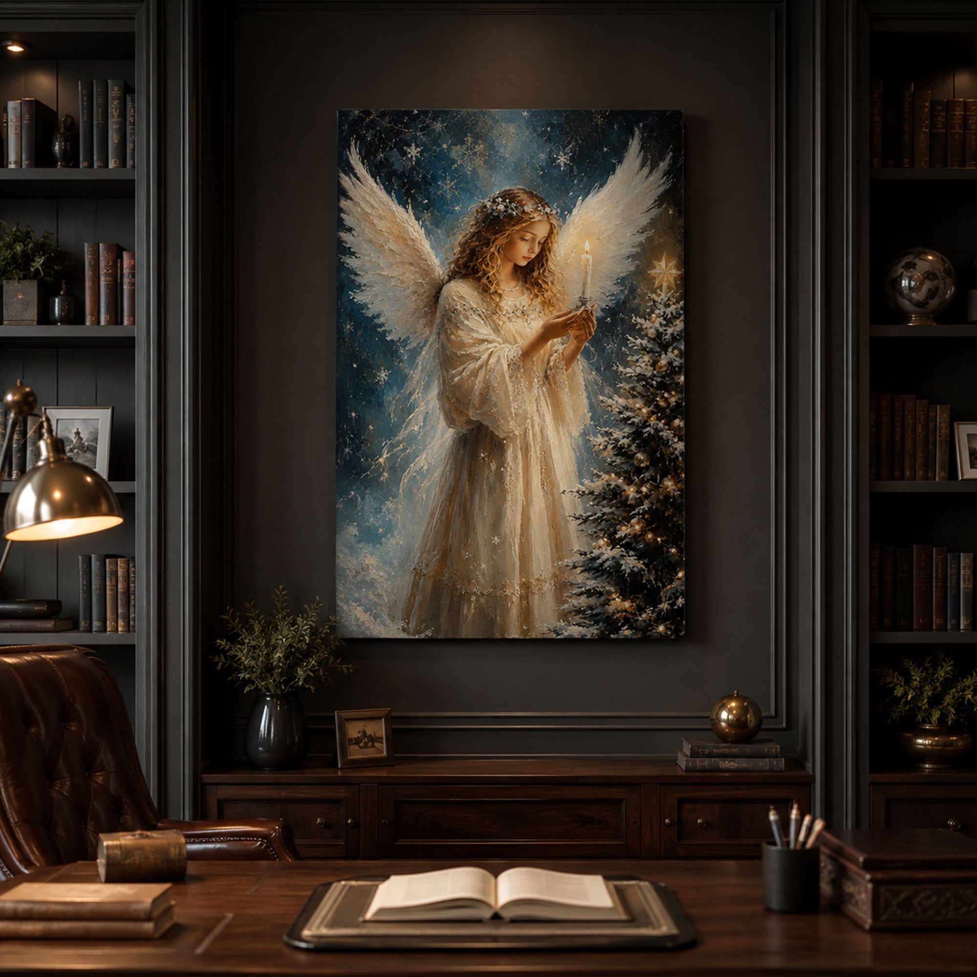 Christmas Angel Candlelight Canvas Print, Heavenly Winter Wall Art, Christian Home Decor