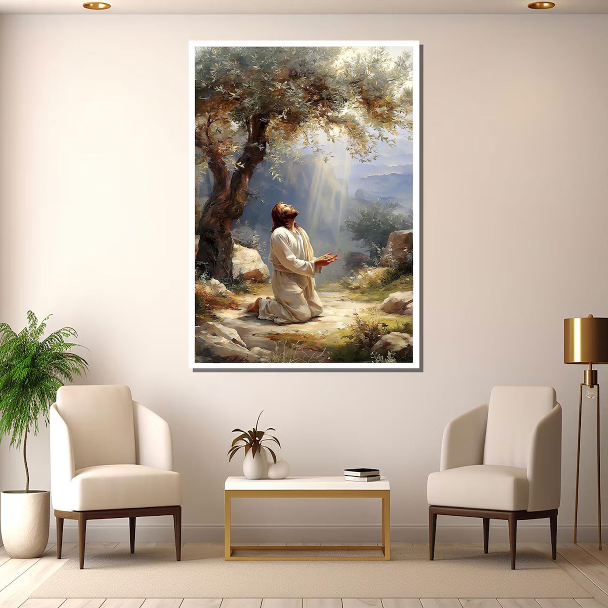 Jesus Praying Under Olive Tree Canvas Wall Art, Christian Prayer Decor, Peaceful Faith Home Gift