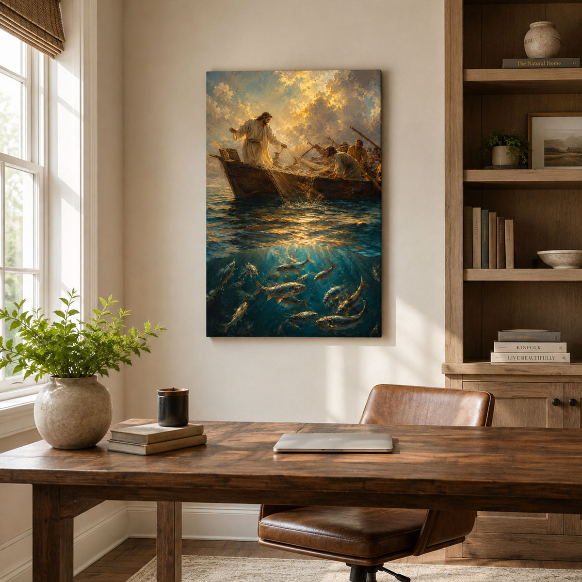 Miraculous Catch of Fish Canvas Print, Jesus and Fishermen Luke 5 Christian Wall Decor, Faith Gift