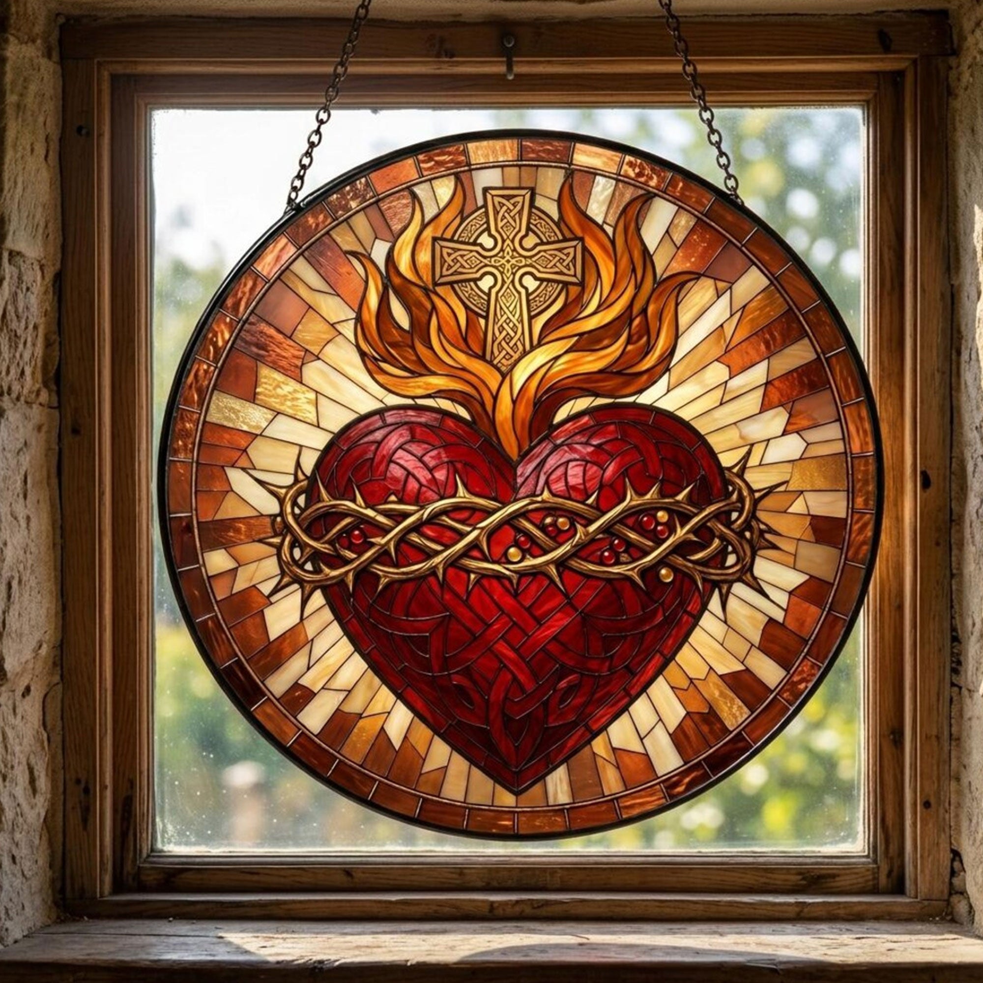 Sacred Heart of Jesus Suncatcher, Crown of Thorns and Cross, Catholic Window Hanging