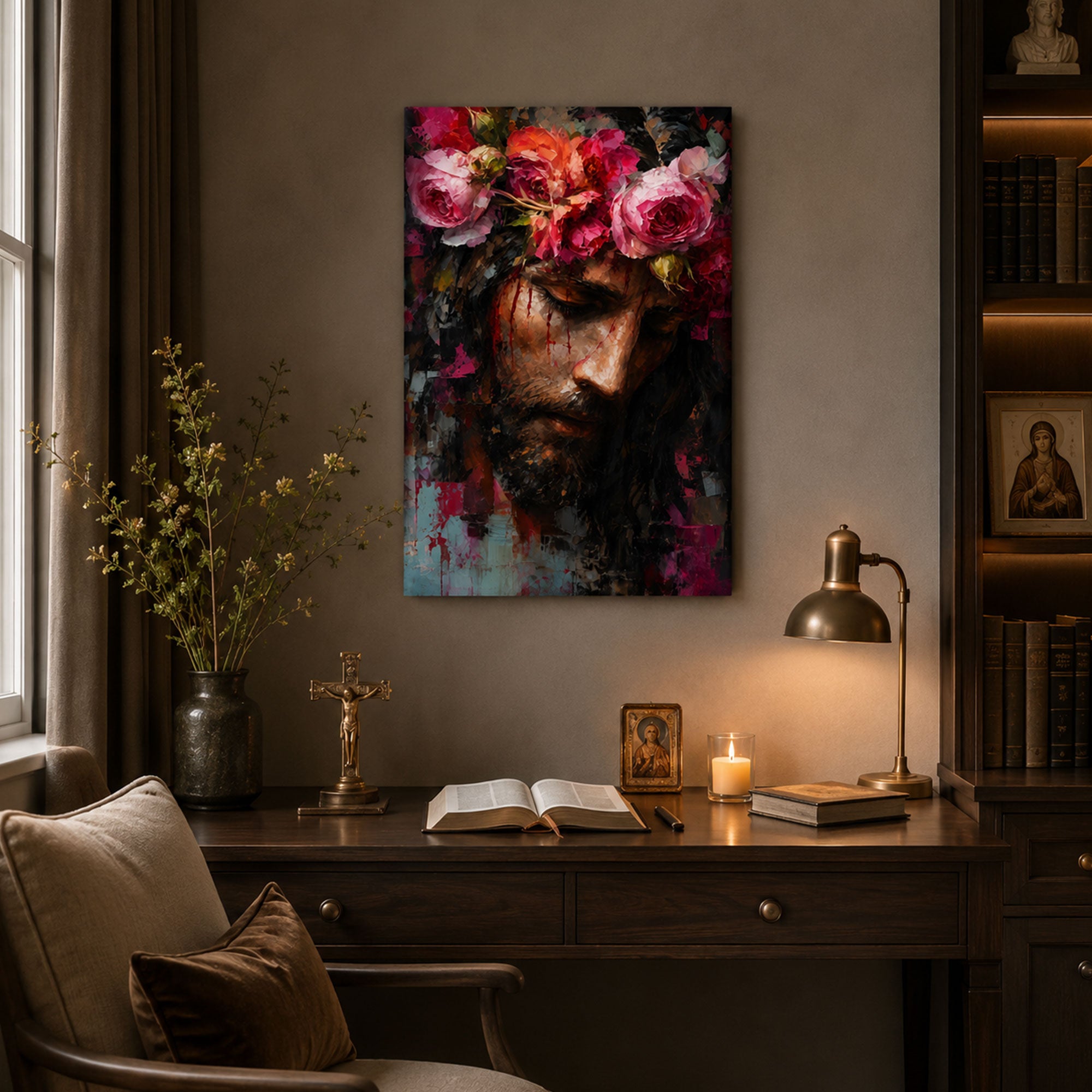 Jesus with Floral Crown Canvas Print, Sacred Heart Christian Wall Art