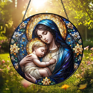 Virgin Mary and Baby Jesus Suncatcher, Blessed Mother Catholic Window Hanging, Christian Gift for Mom