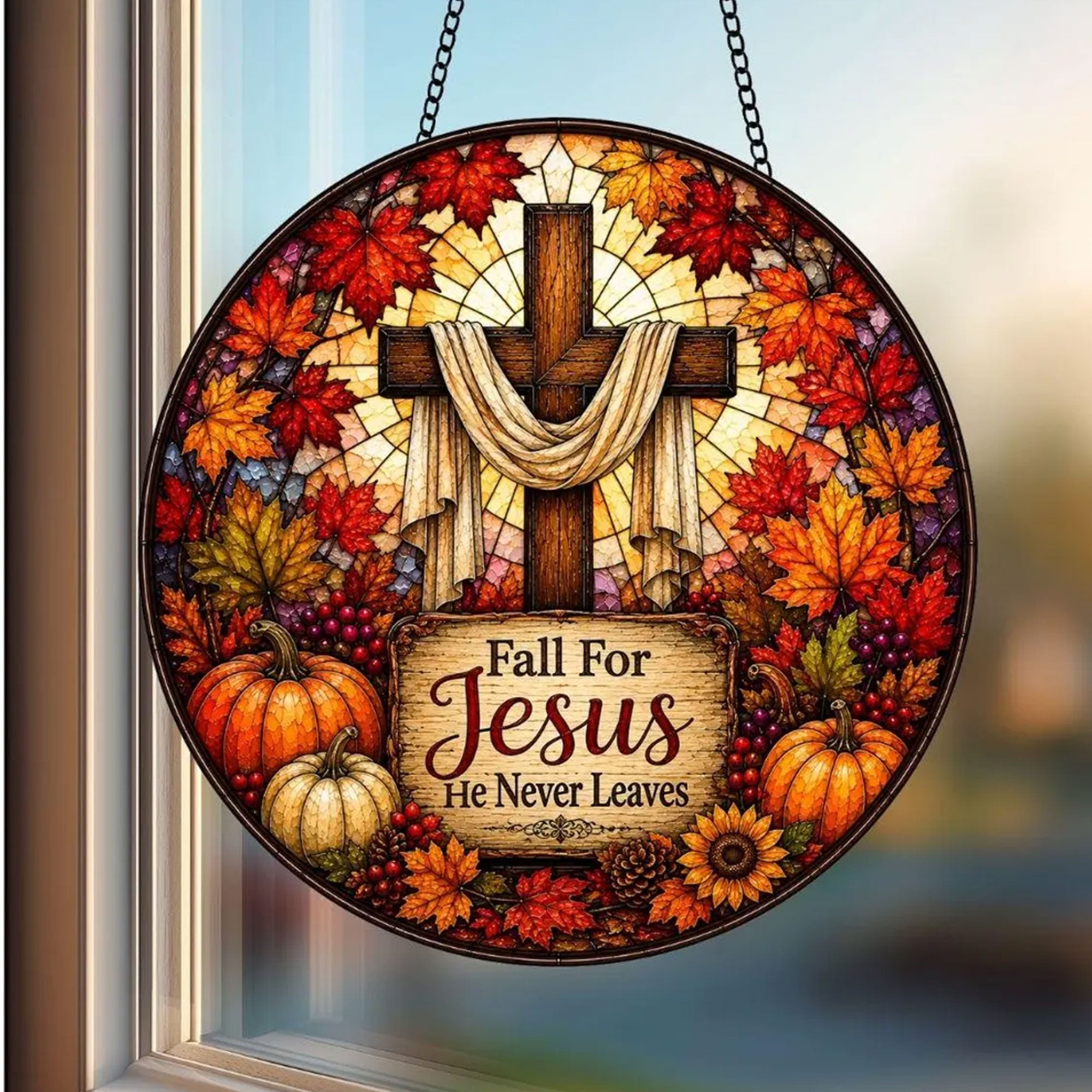 Fall for Jesus Christian Suncatcher, He Never Leaves Cross Window Hanging, Autumn Faith Decor