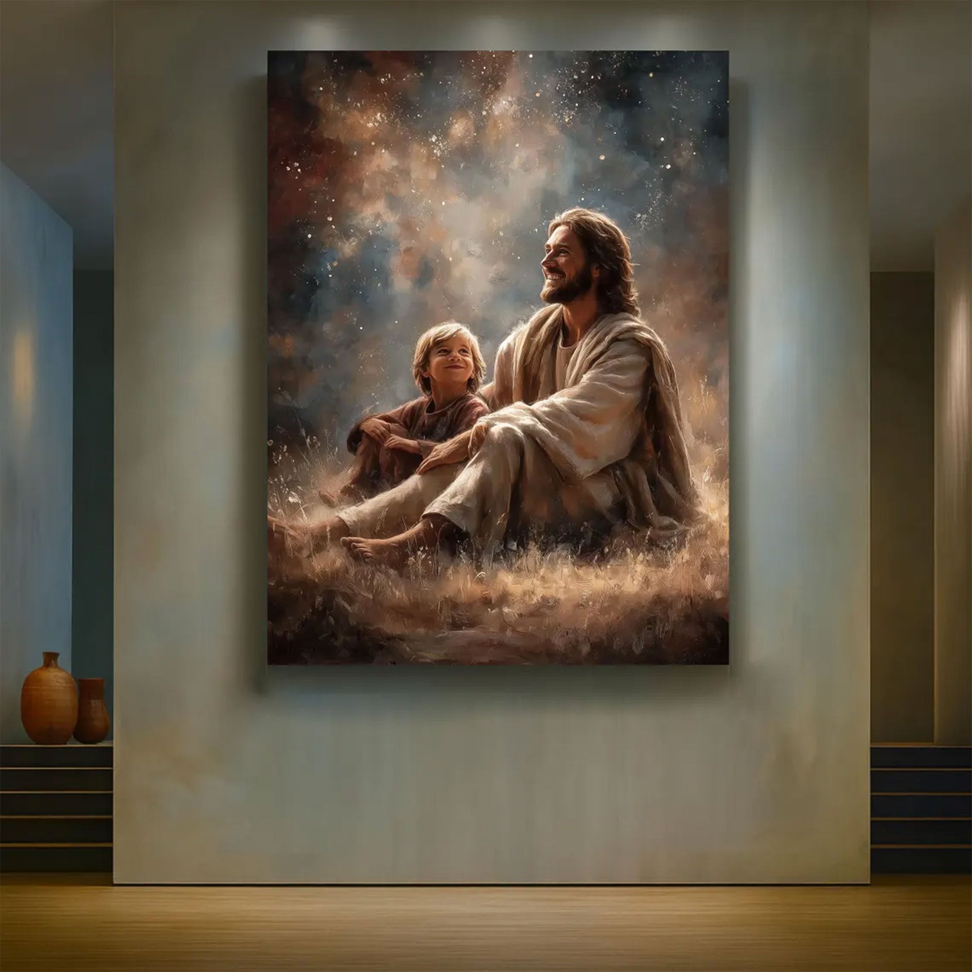 Jesus with Child Under Stars Canvas Wall Art, Spiritual Faith Painting, Religious Home Decor