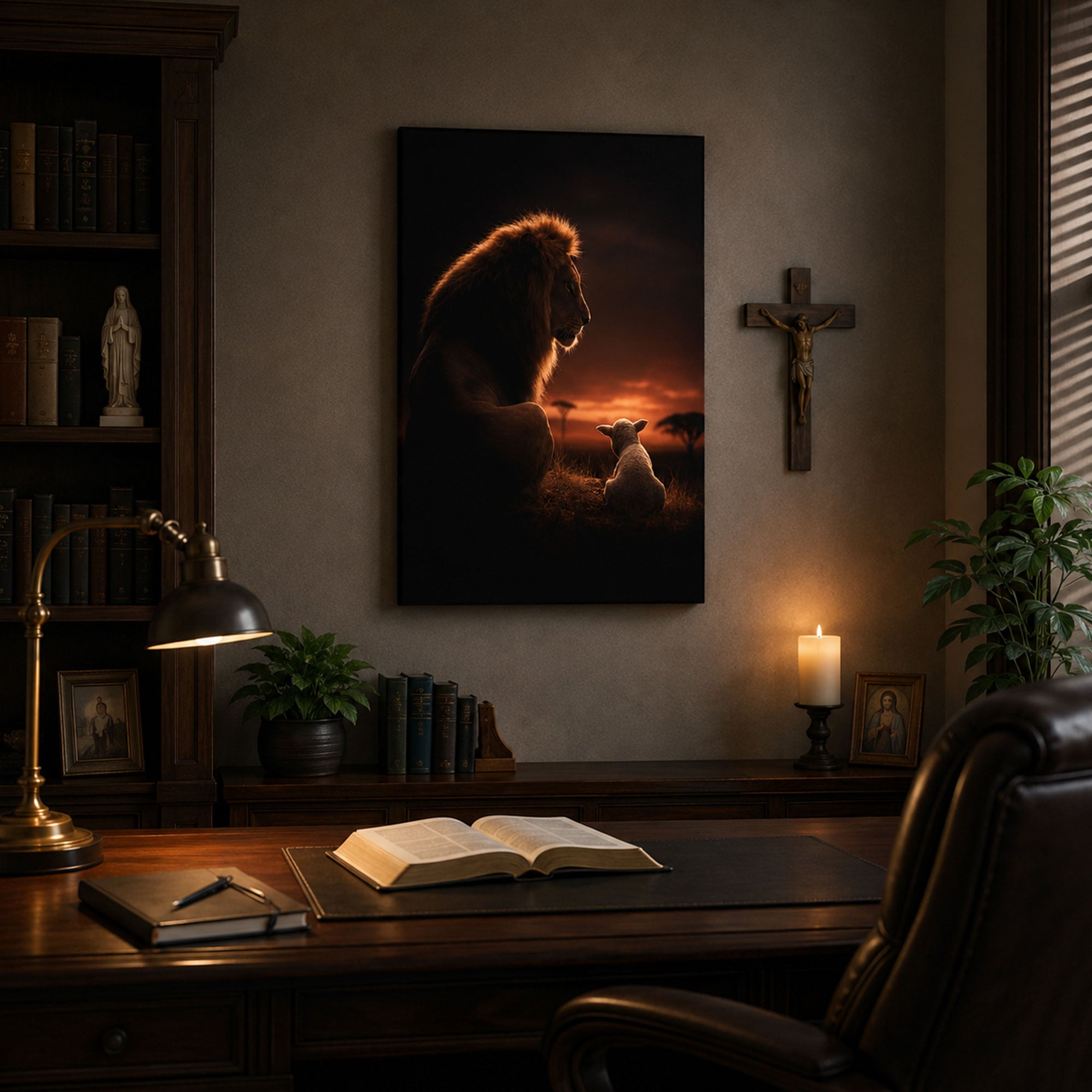Lion and Lamb at Sunset Canvas Print, Christian Peace and Faith Home Decor