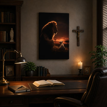 Lion and Lamb at Sunset Canvas Print, Christian Peace and Faith Home Decor