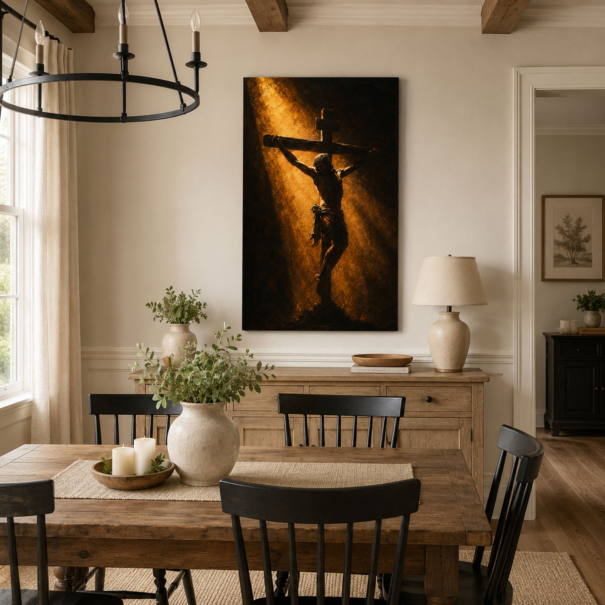 Crucifixion of Jesus in Golden Light Canvas Print, Christian Home Decor