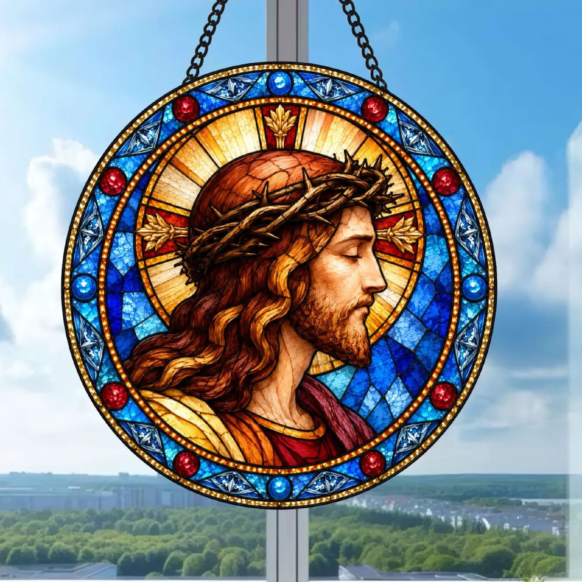Jesus Crown of Thorns Suncatcher, Catholic Window Hanging, Christian Religious Gift