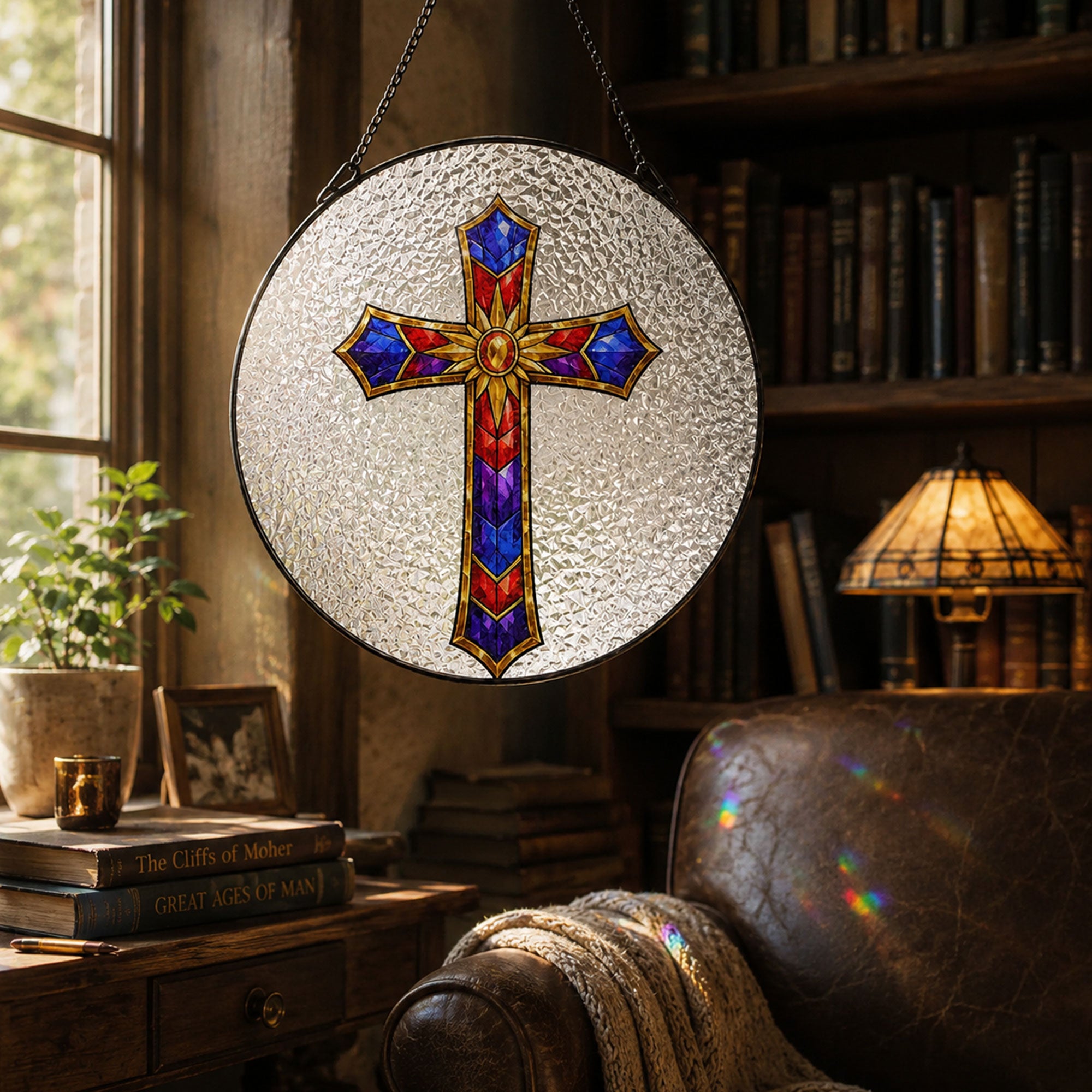 Christian Cross Suncatcher, Red Blue Purple Stained Glass Window Hanging, Faith Home Decor