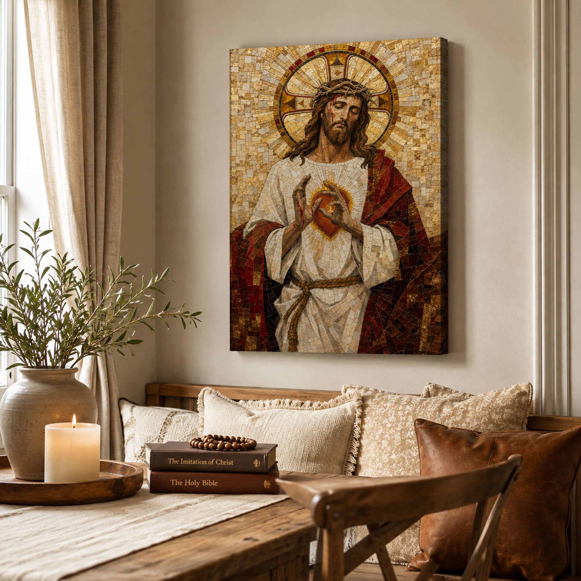 Sacred Heart of Jesus Mosaic Canvas Print, Catholic Home Decor