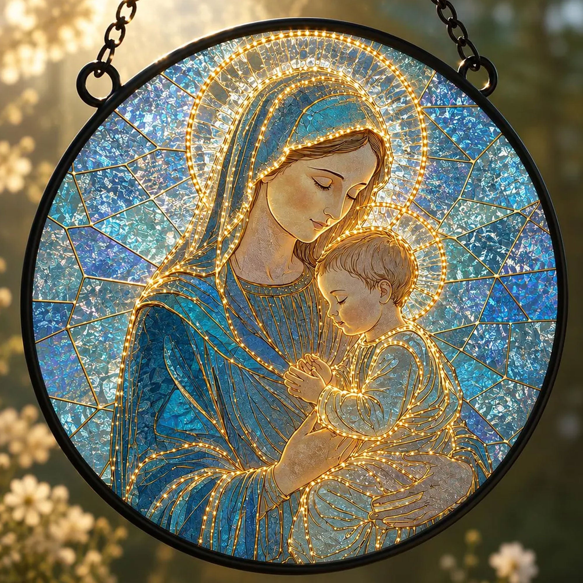 Virgin Mary and Baby Jesus Suncatcher, Holy Mother and Child Catholic Window Hanging, Christian Gift