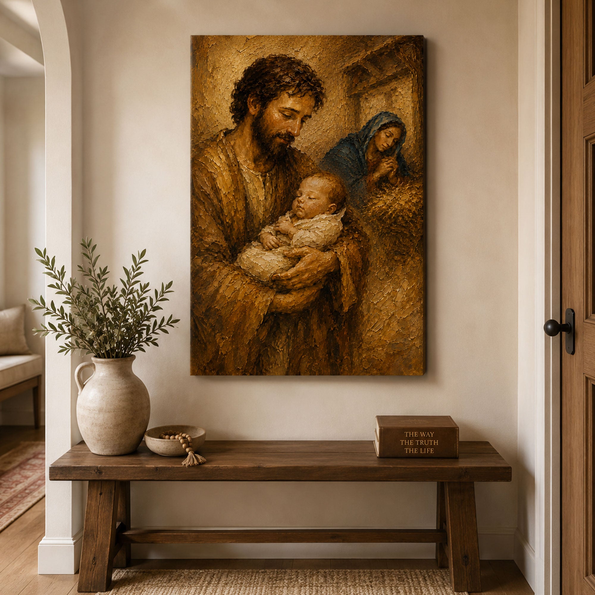 St. Joseph Holding Sleeping Baby Jesus Canvas Print, Holy Family Wall Art, Catholic Family Painting, Christian Home Decor