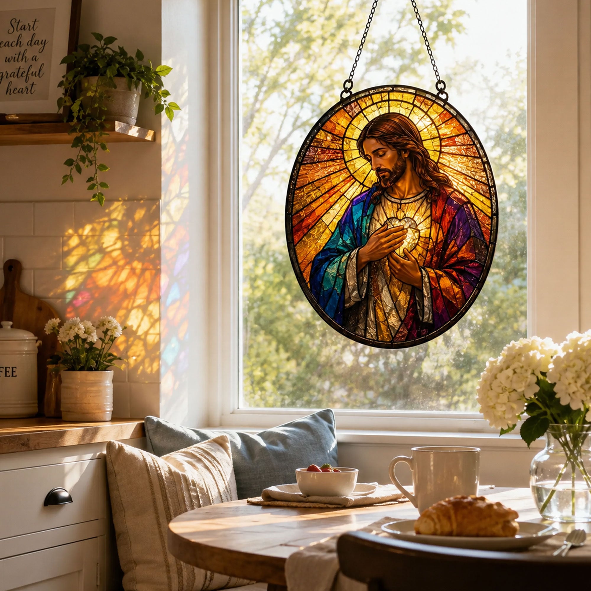 Jesus Holding the Holy Eucharist Suncatcher, Catholic Window Hanging, Blessed Sacrament Gift