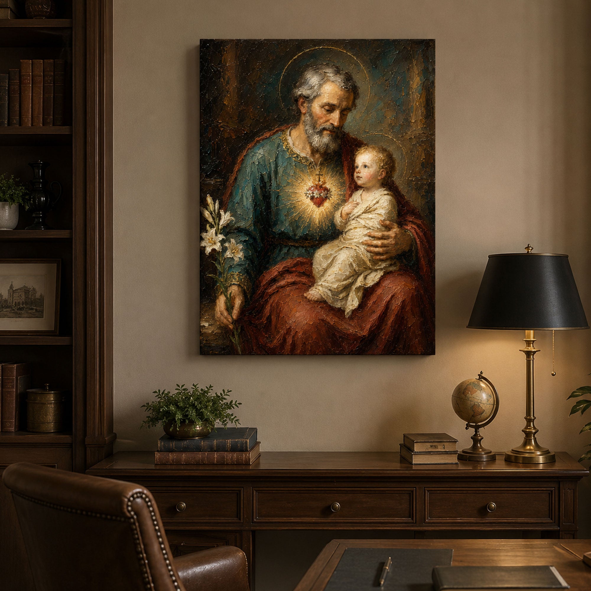 St. Joseph and Child Jesus Canvas Print, Sacred Heart Catholic Wall Art, Patron of Families Painting, Christian Home Decor