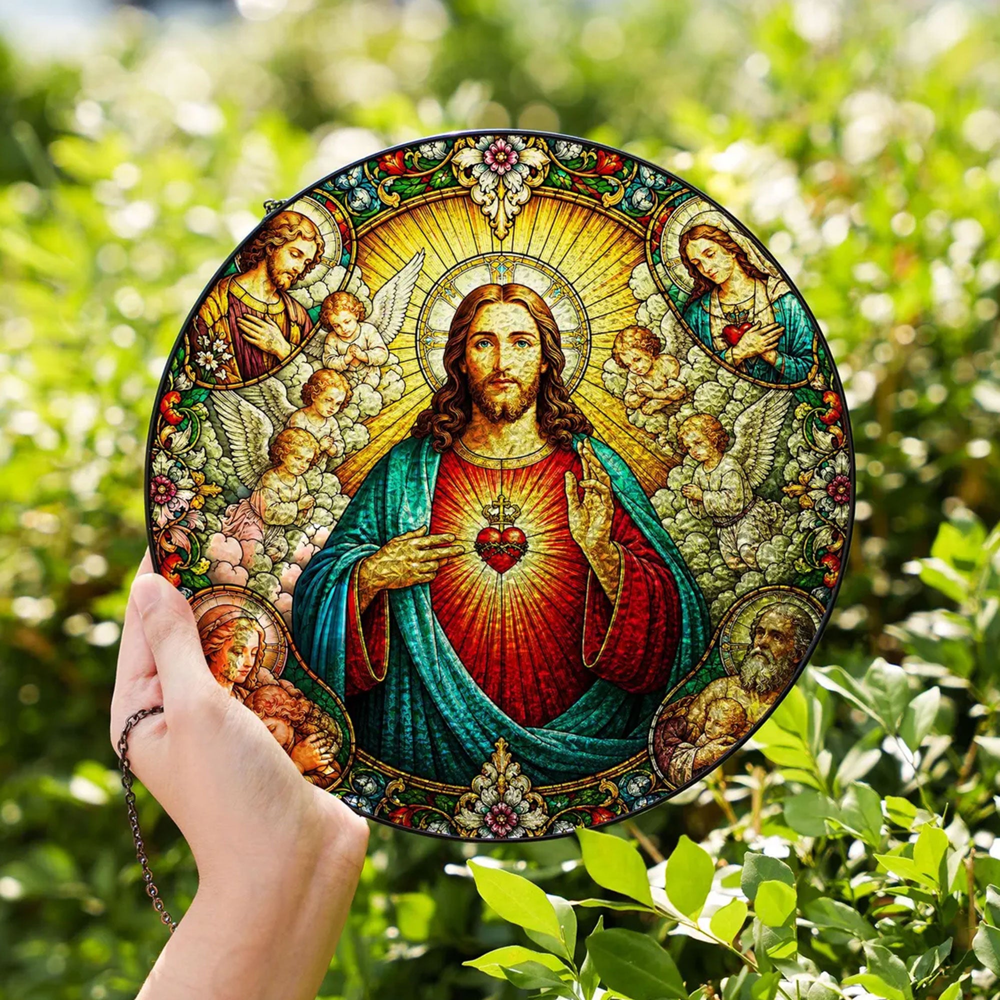 Sacred Heart of Jesus with Angels Suncatcher, Catholic Window Hanging, Christian Religious Gift