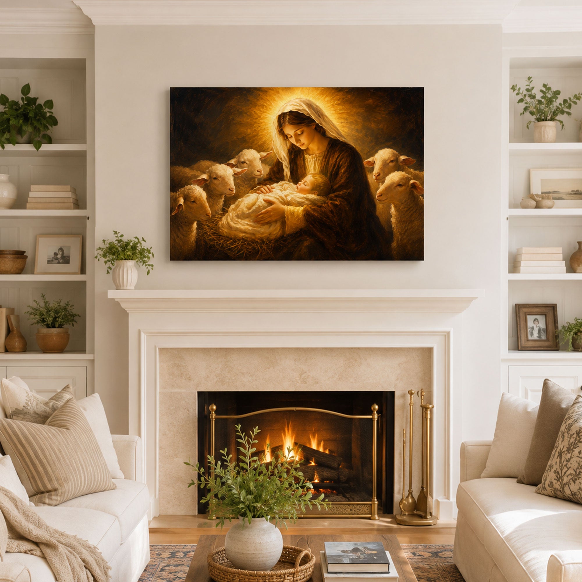 Virgin Mary with Newborn Jesus and Lambs Canvas Print, Christian Home Decor