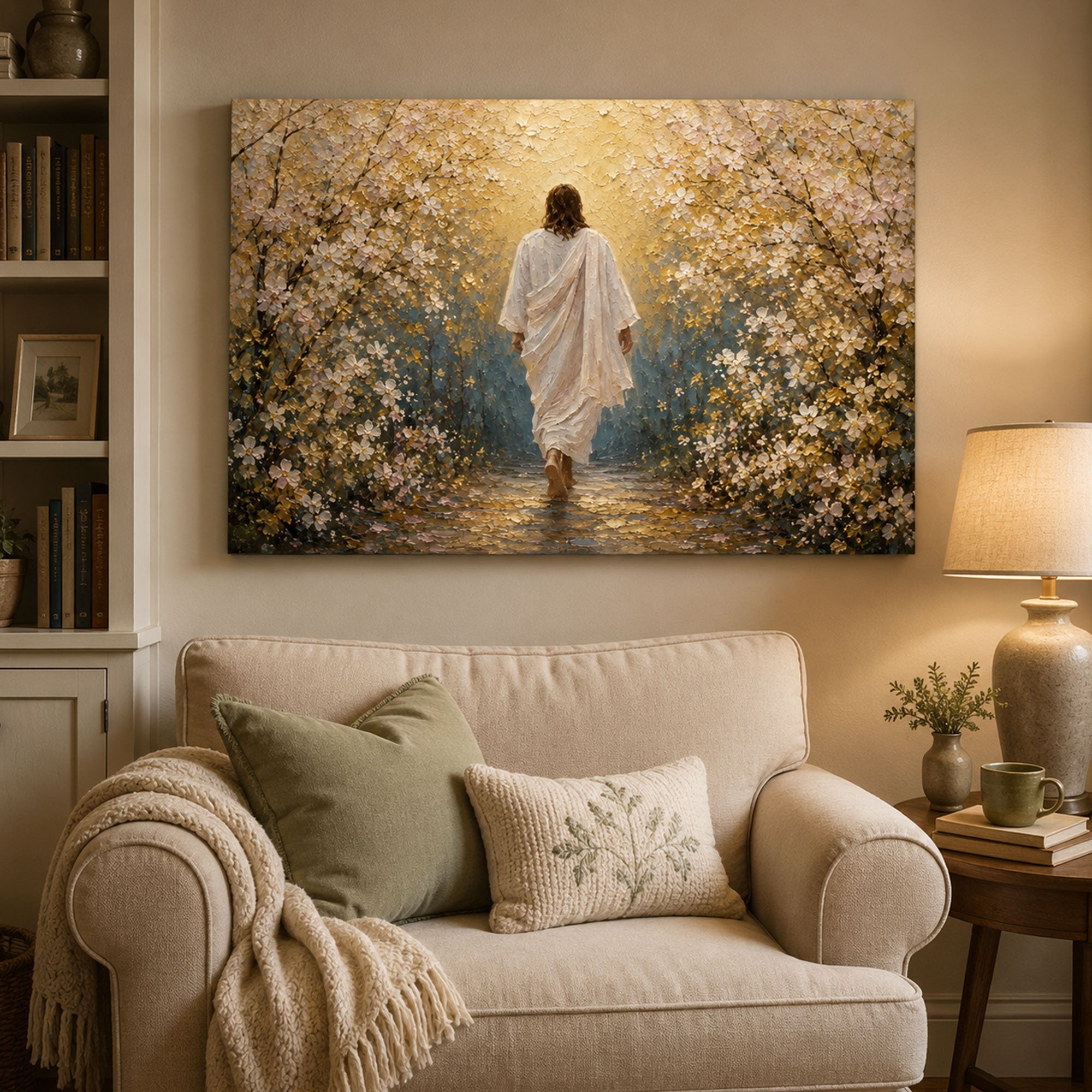 Jesus Leading the Way Canvas Print, Walk With Jesus Christian Wall Art, Floral Faith Journey Painting, Inspirational Religious Home Decor