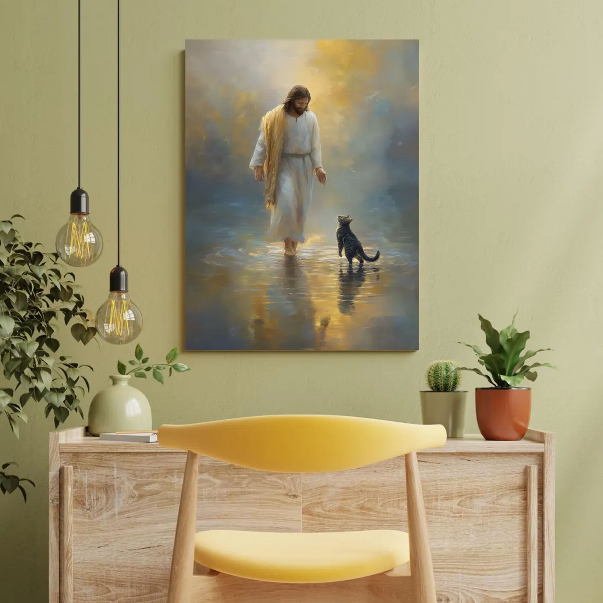 Jesus and Cat Canvas Wall Art, Peaceful Christian Home Decor, Religious Animal Painting,Gifts for cat lovers