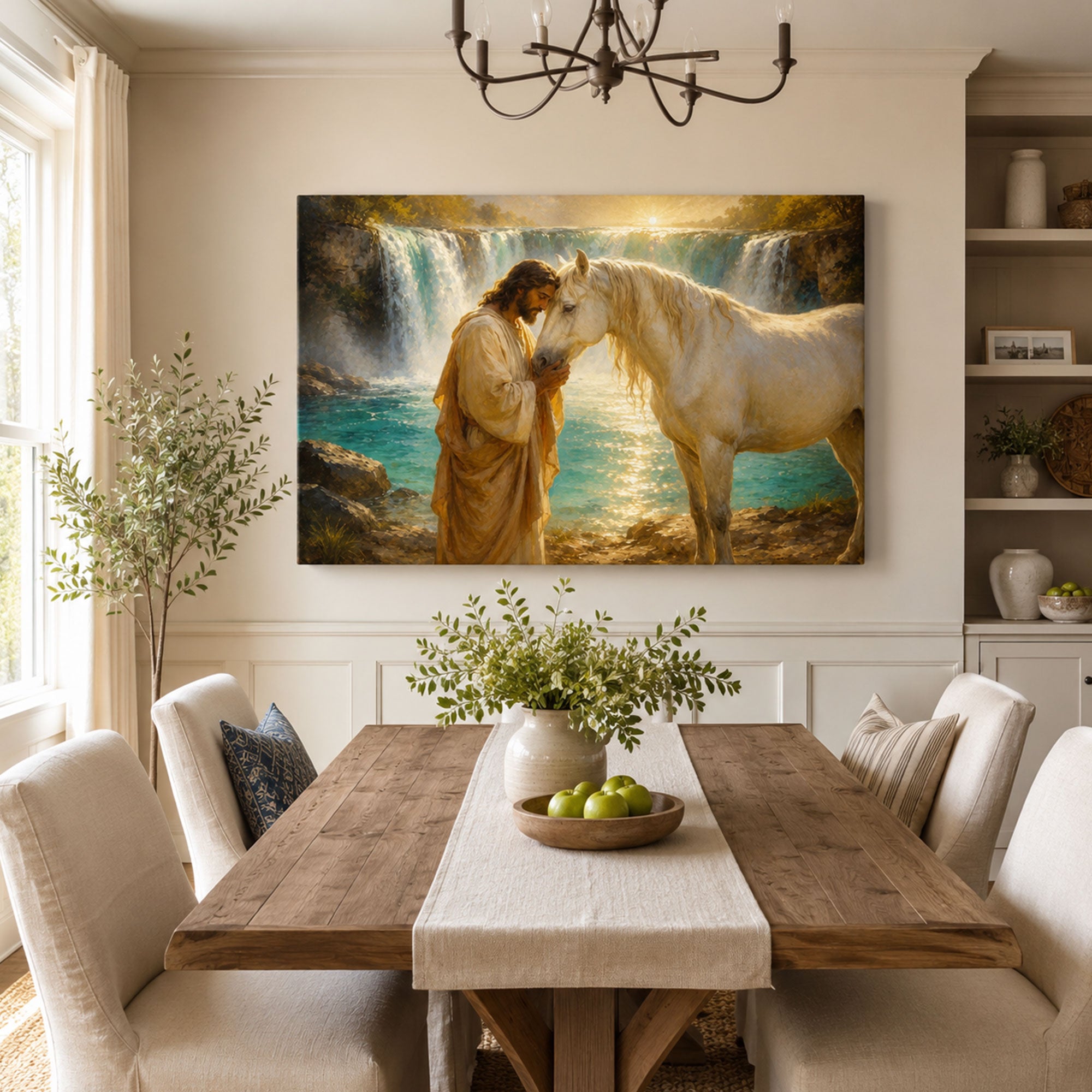 Jesus with White Horse by Waterfall Canvas Print, Christian Home Decor