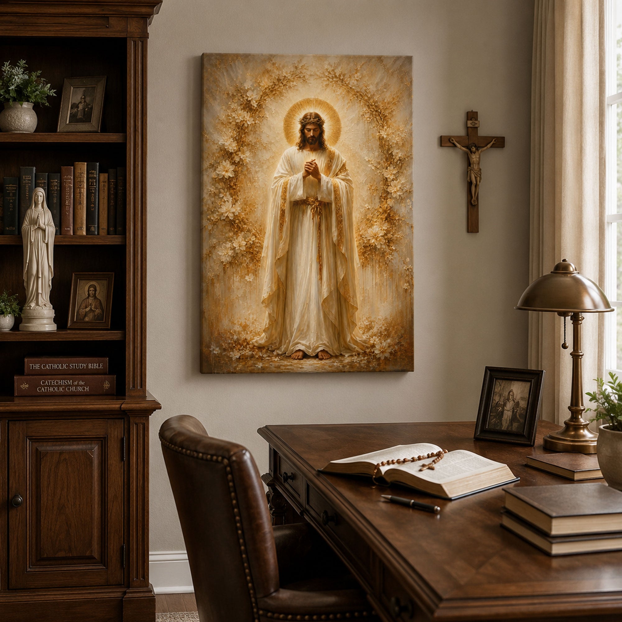 Jesus in Prayer with Crown of Thorns Canvas Print, Catholic Christian Home Decor