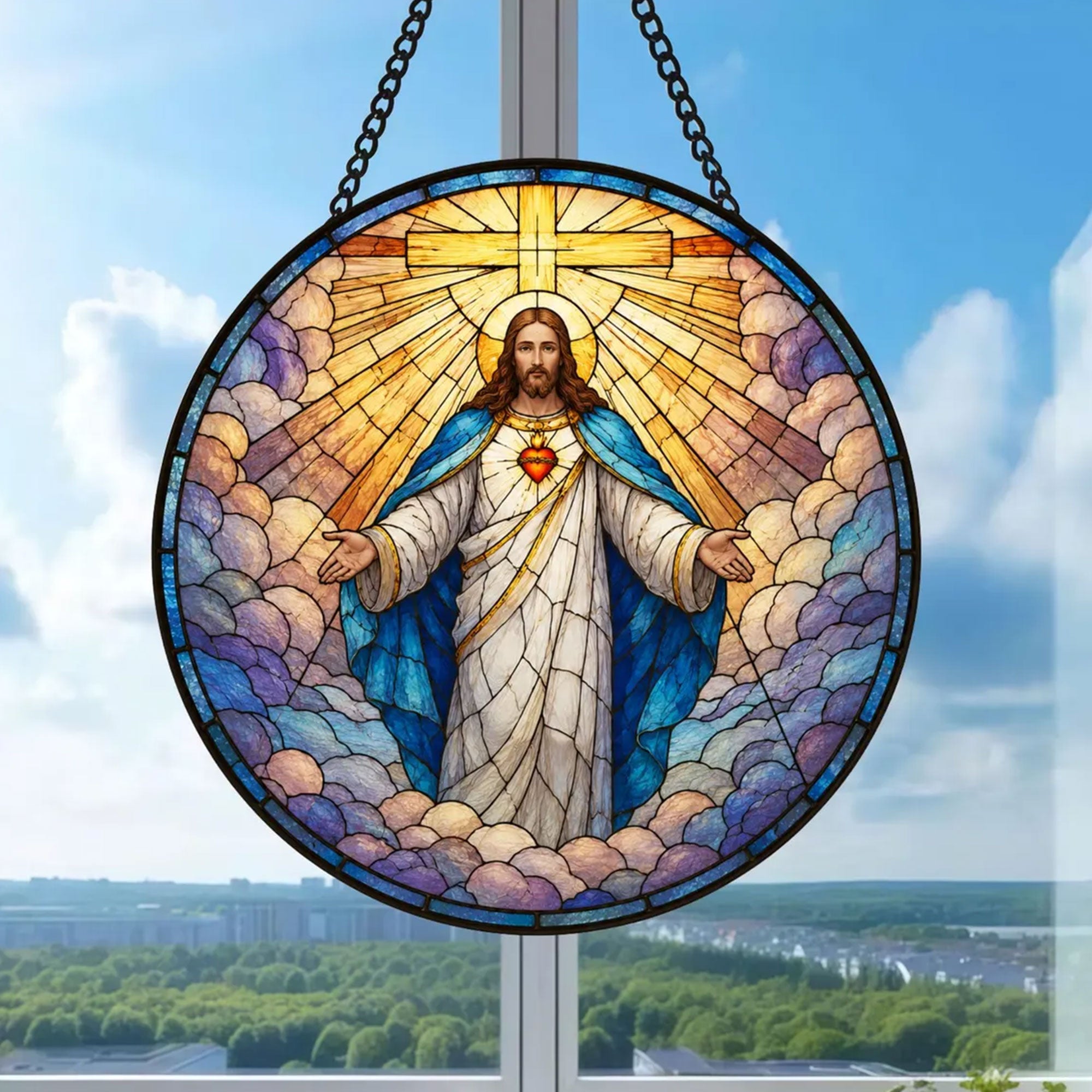 Sacred Heart of Jesus Suncatcher, Radiant Cross Catholic Window Hanging, Christian Faith Decor