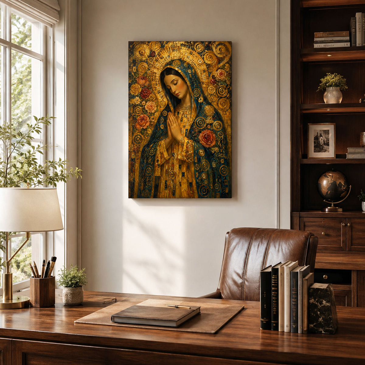 Praying Virgin Mary Canvas Print, Golden Floral Catholic Wall Decor, Marian Faith Gift