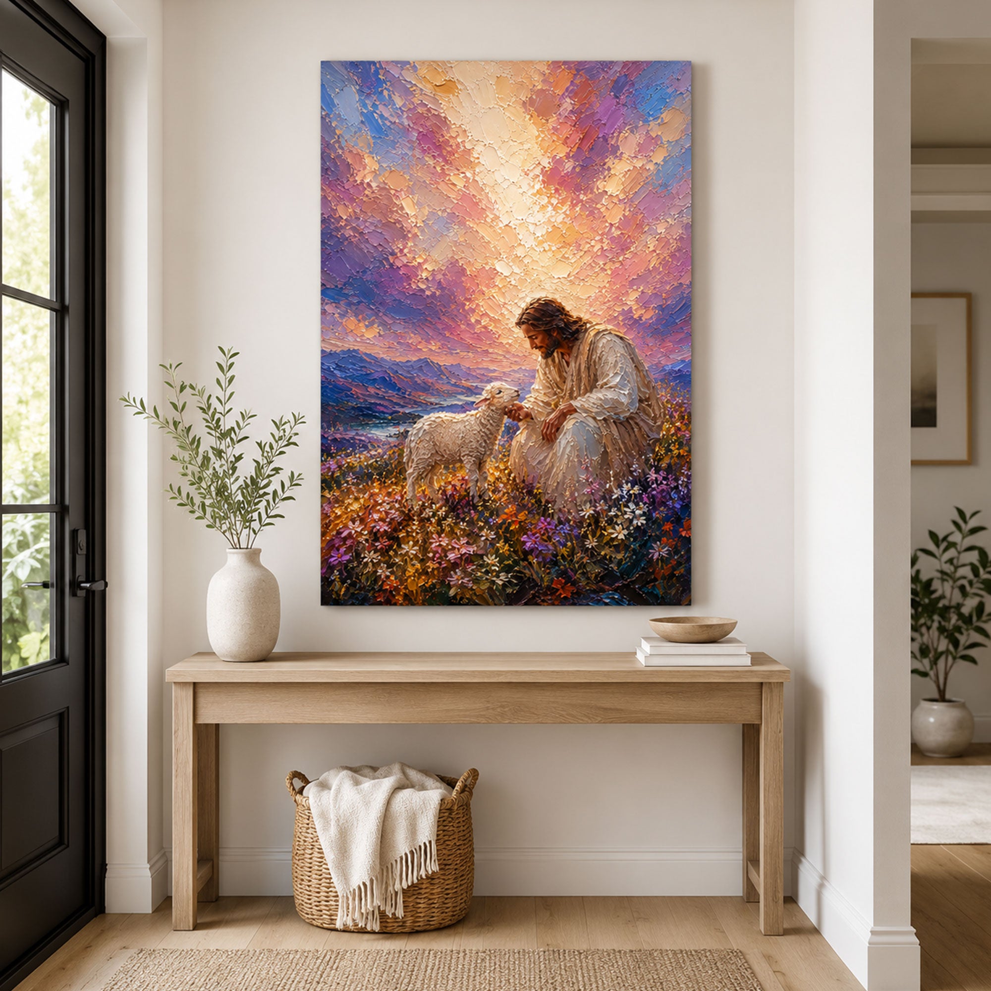 Good Shepherd Jesus Canvas Print, Jesus with Lamb Wall Art, Christian Faith Painting, Peaceful Religious Home Decor