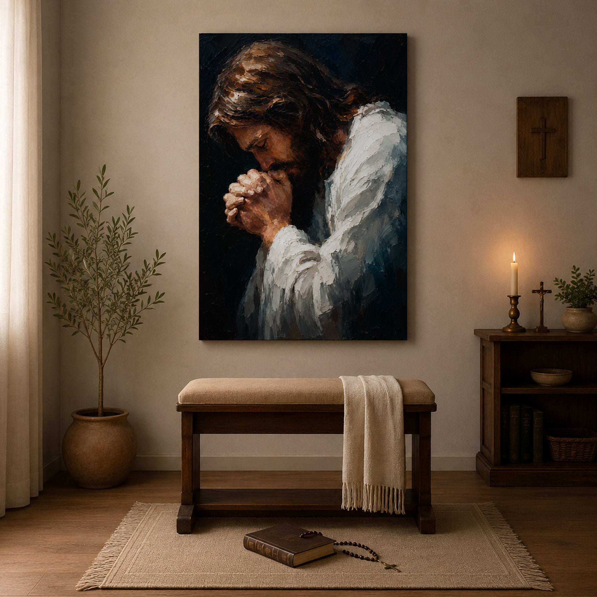 Jesus Praying Canvas Print, Christian Prayer Wall Art, Faith Home Decor