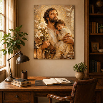 Saint Joseph and Child Jesus Canvas Print, Catholic Wall Art, Christian Home Decor