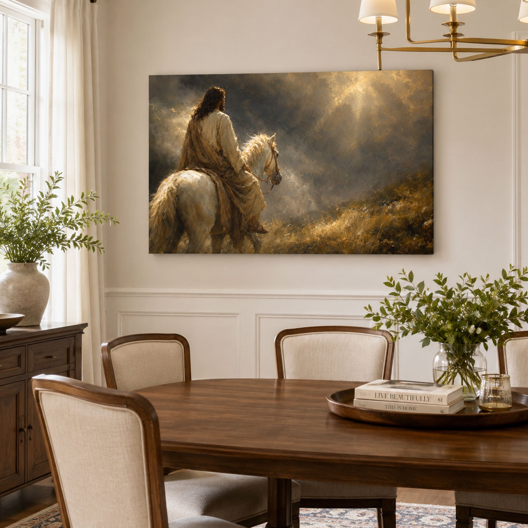 Jesus Riding a White Horse Toward the Light Canvas Print, Christian Home Decor
