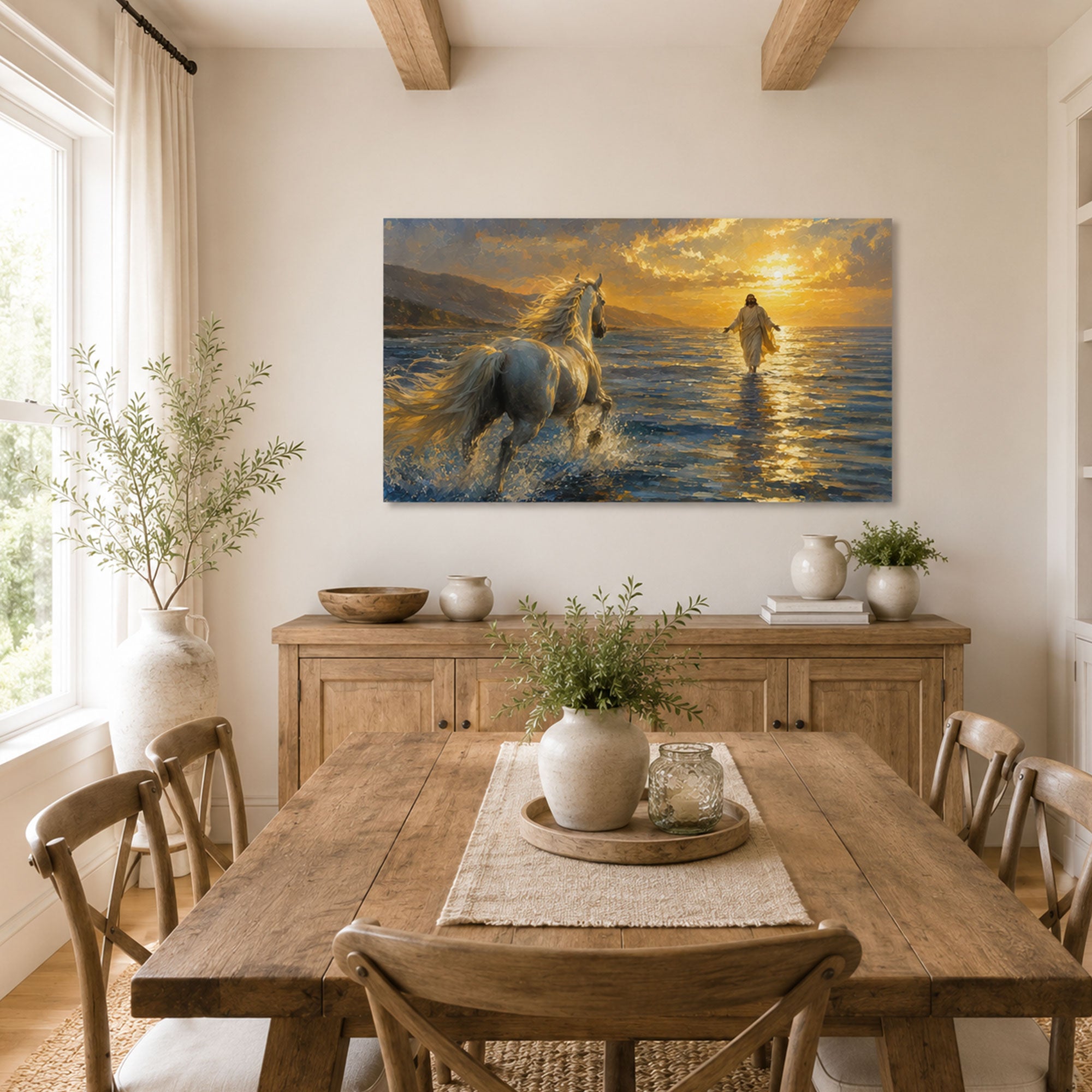 White Horse Running Toward Jesus Canvas Print, Christian Home Decor