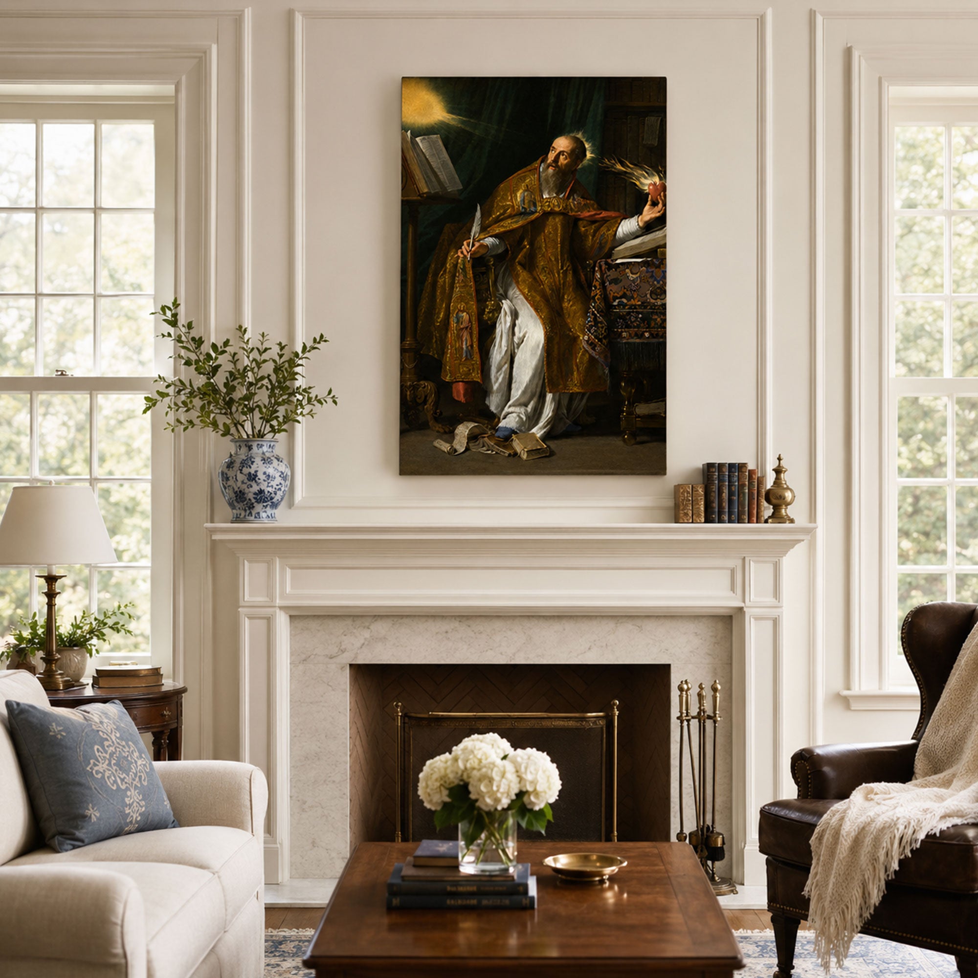 Saint Augustine with Flaming Heart Canvas Print, Catholic Home Decor