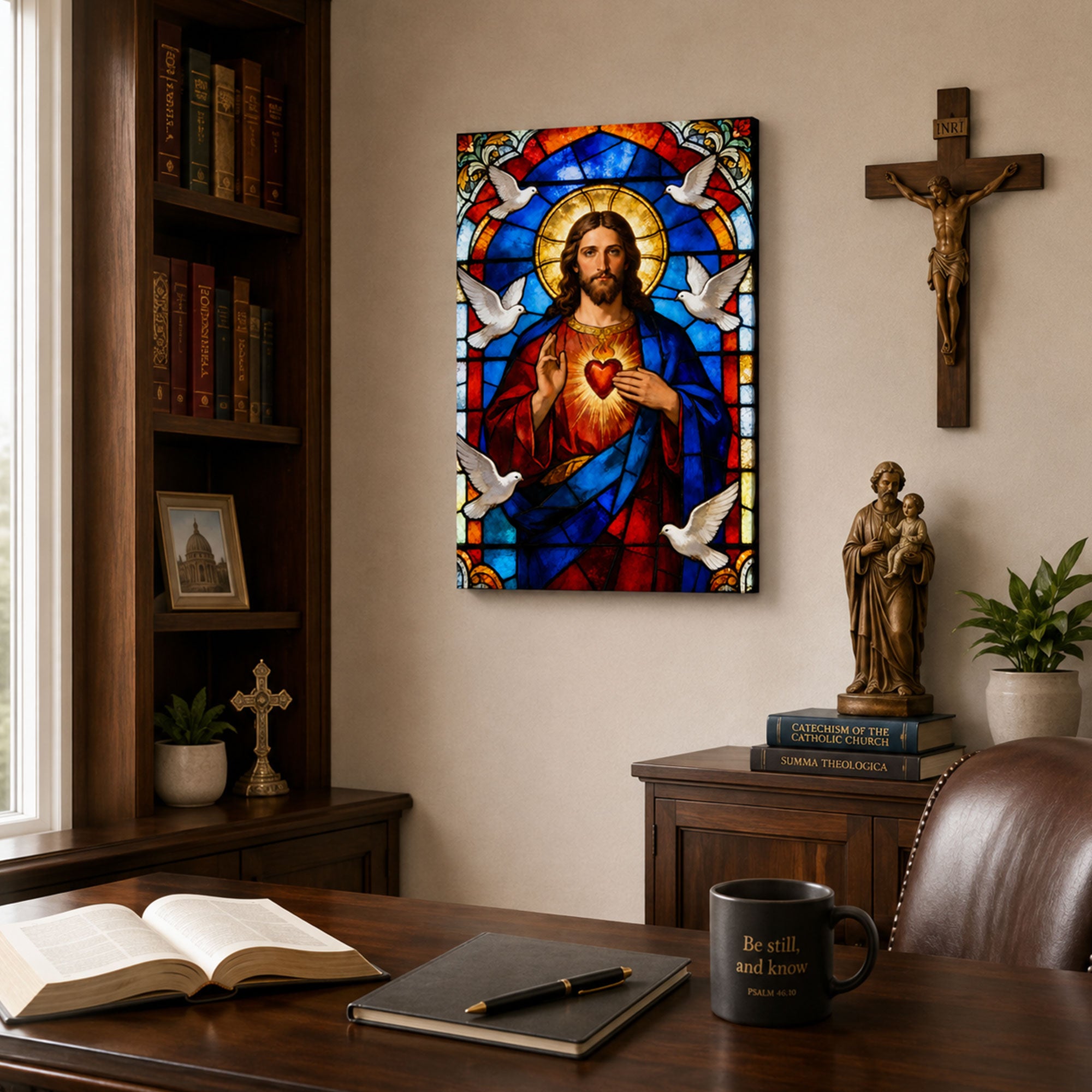Sacred Heart of Jesus Stained Glass Canvas Print, Catholic Christian Home Decor