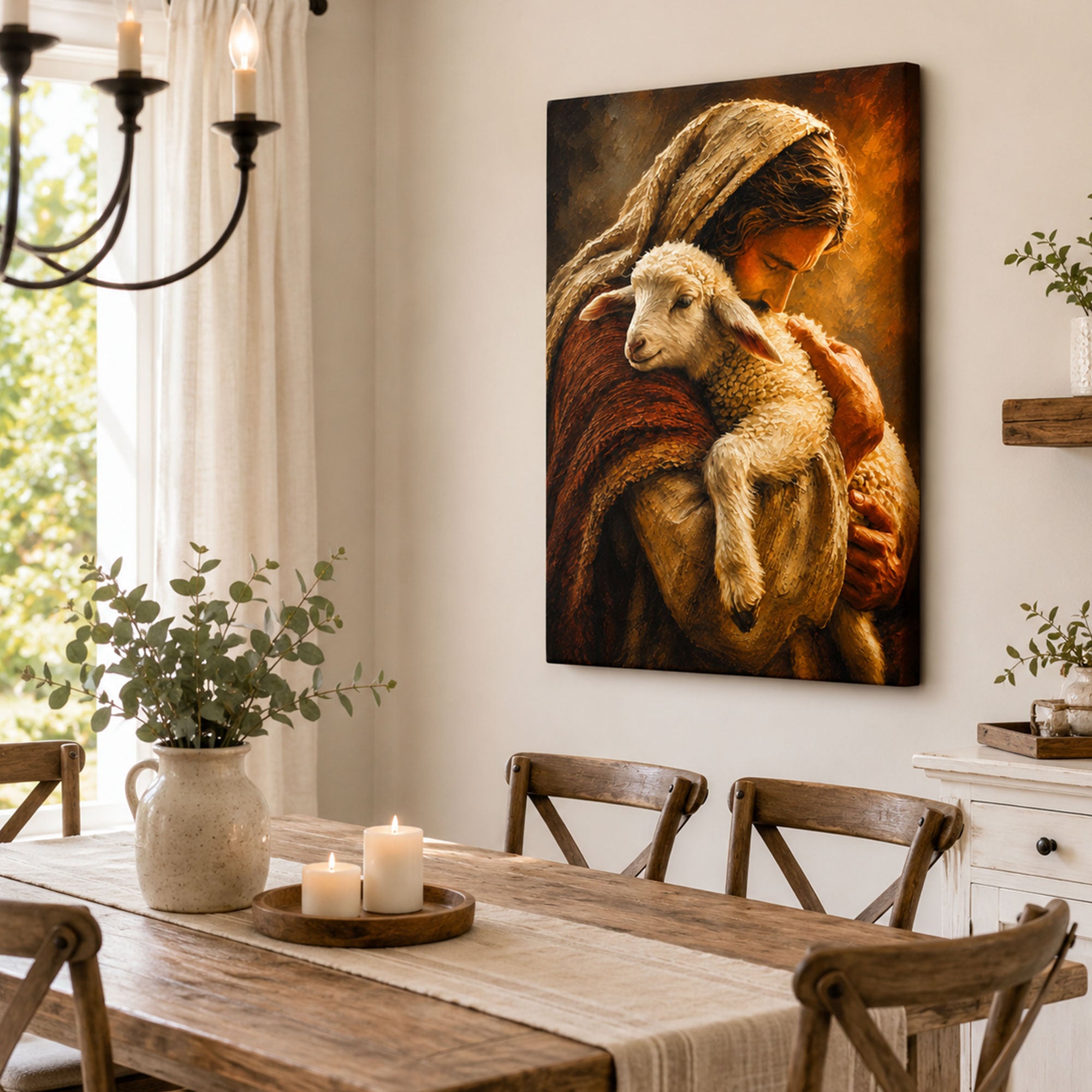 Good Shepherd Embracing the Rescued Lamb Canvas Print, Christian Home Decor
