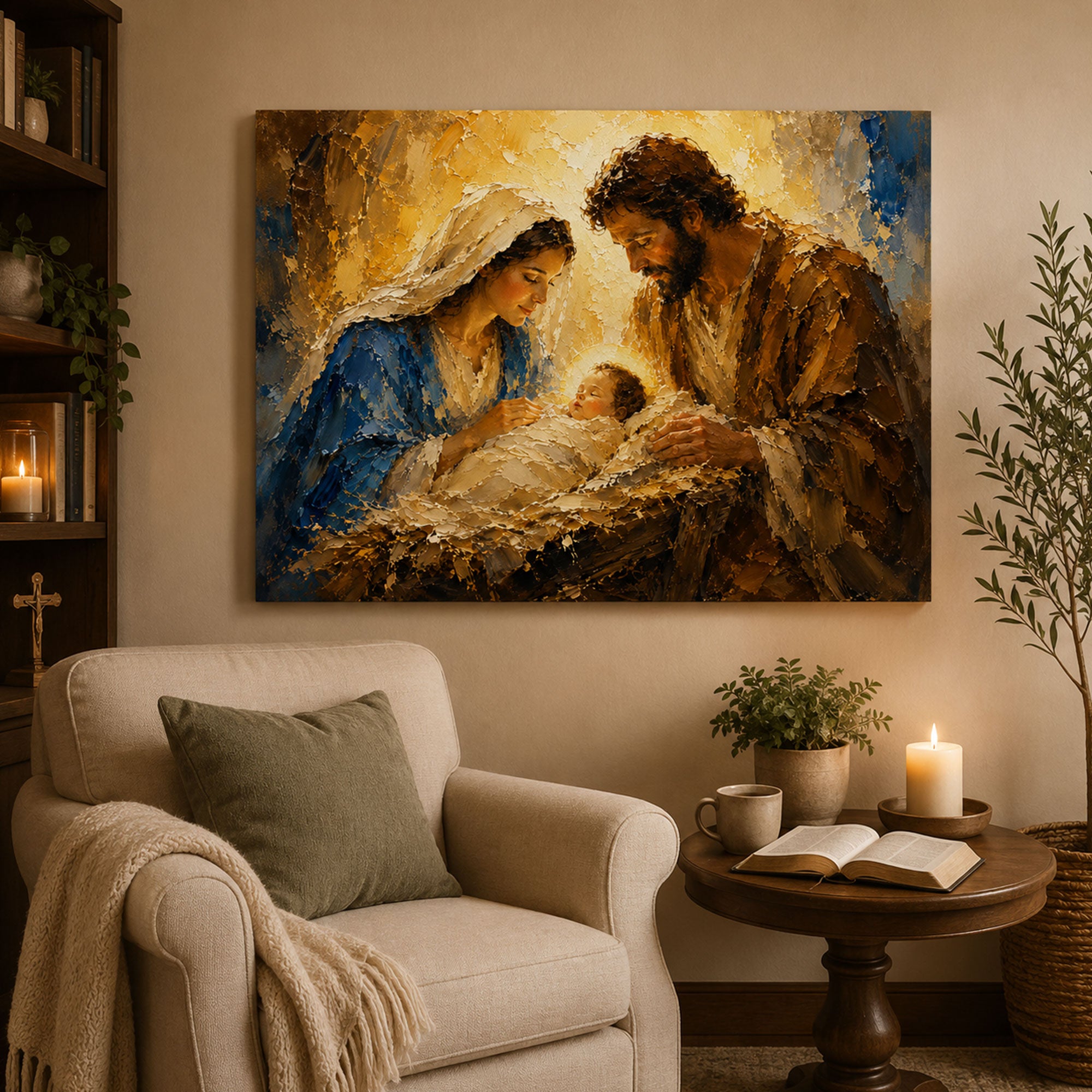 Holy Family Nativity Canvas Print, Baby Jesus in Manger Wall Art, Christmas Christian Painting, Catholic Religious Home Decor
