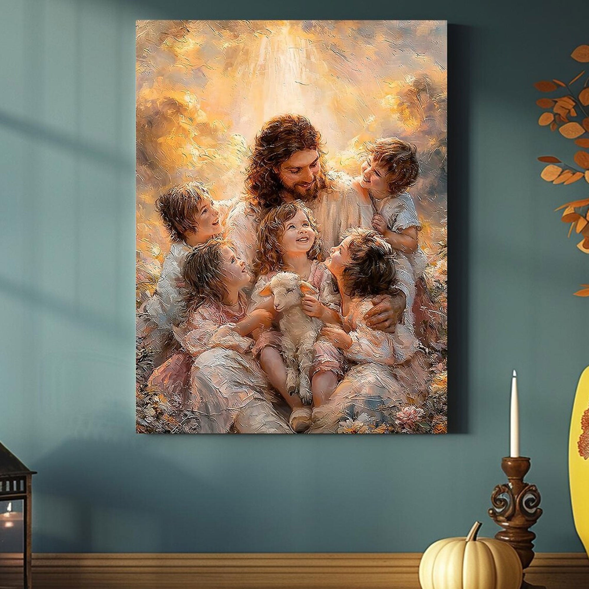 Jesus with Children Canvas Wall Art Christian Faith Nursery Decor Inspirational Family Home Artwork