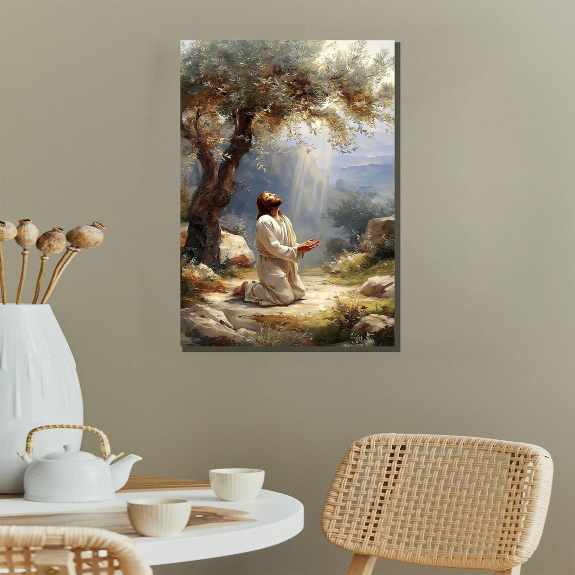 Jesus Praying Under Olive Tree Canvas Wall Art, Christian Prayer Decor, Peaceful Faith Home Gift